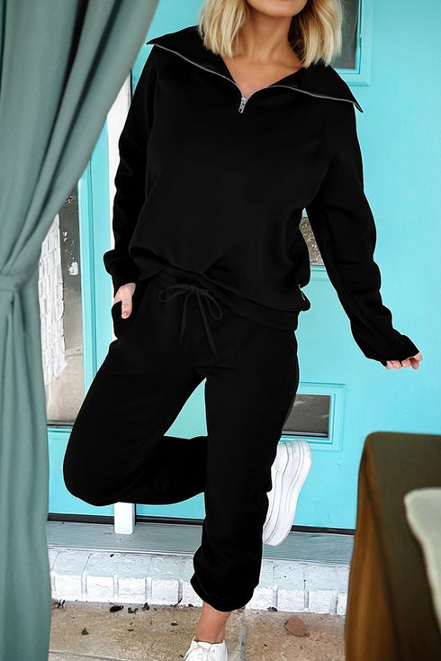 Solid Zip Collar Long Sleeve Drawstring Pant Set