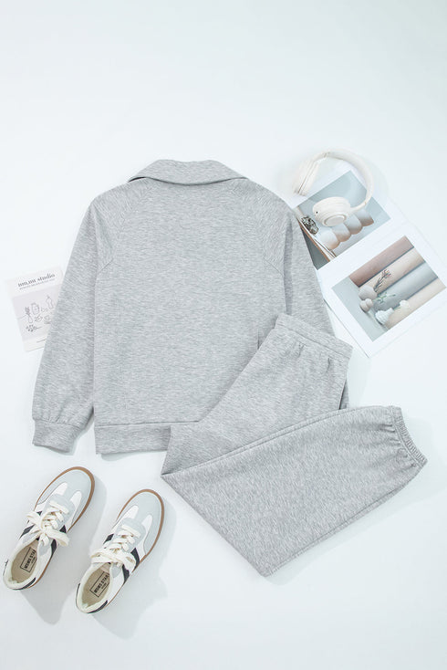 Solid Zip Collar Long Sleeve Drawstring Pant Set