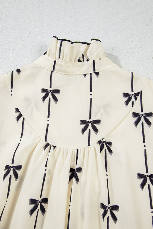 Sophisticated Cute Bowknot Printed Bubble Sleeve V Neck Mini Dress