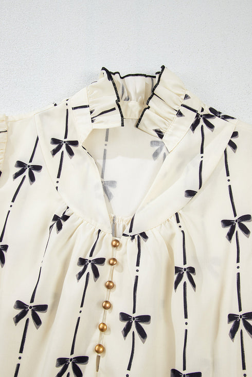 Sophisticated Cute Bowknot Printed Bubble Sleeve V Neck Mini Dress