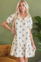 Sophisticated Cute Bowknot Printed Bubble Sleeve V Neck Mini Dress