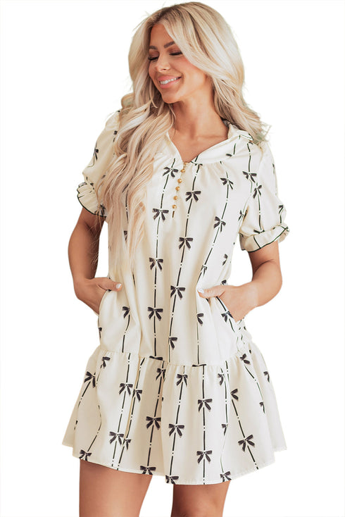 Sophisticated Cute Bowknot Printed Bubble Sleeve V Neck Mini Dress