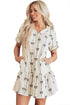 Sophisticated Cute Bowknot Printed Bubble Sleeve V Neck Mini Dress