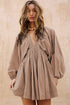 Sophisticated Deep V Neck Bubble Sleeve Smocked Mini Dress