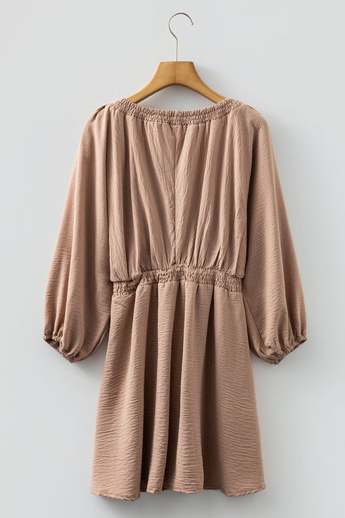 Sophisticated Deep V Neck Bubble Sleeve Smocked Mini Dress