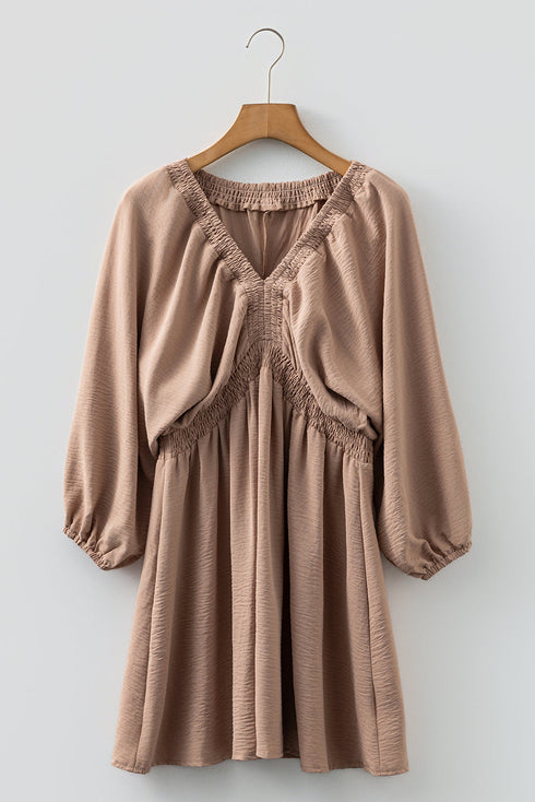 Sophisticated Deep V Neck Bubble Sleeve Smocked Mini Dress