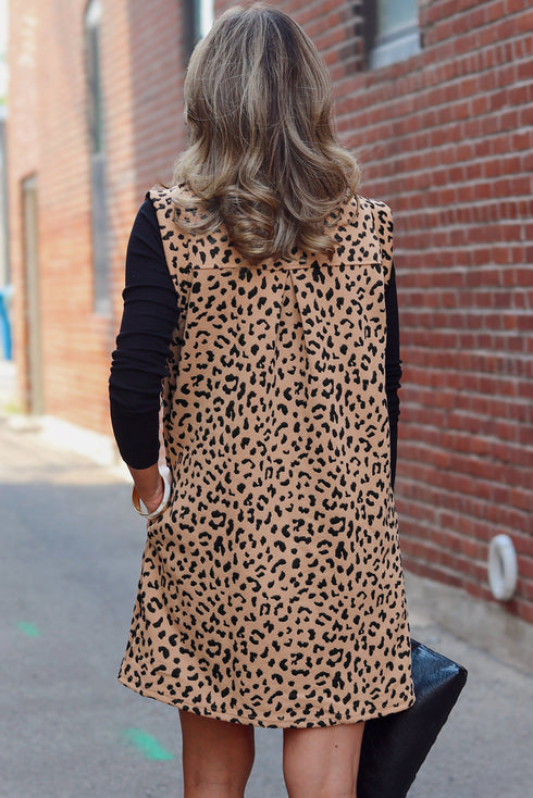 Sophisticated Leopard Print V Neck Sleeveless Colla Mini Dress