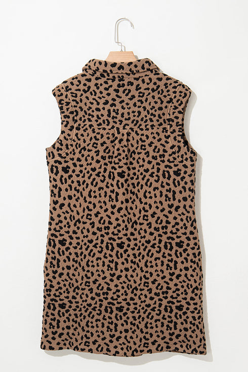 Sophisticated Leopard Print V Neck Sleeveless Colla Mini Dress