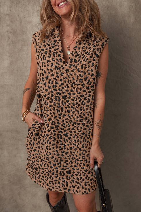 Sophisticated Leopard Print V Neck Sleeveless Colla Mini Dress
