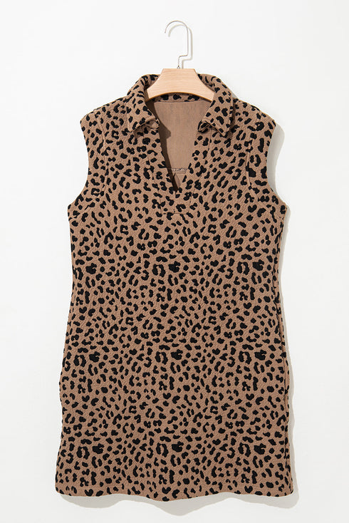 Sophisticated Leopard Print V Neck Sleeveless Colla Mini Dress