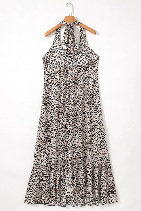 Sophisticated Leopard Printed Halter Neck Backless Ruffled Hem Maxi Dress