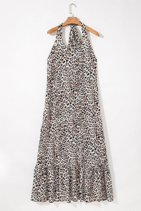 Sophisticated Leopard Printed Halter Neck Backless Ruffled Hem Maxi Dress