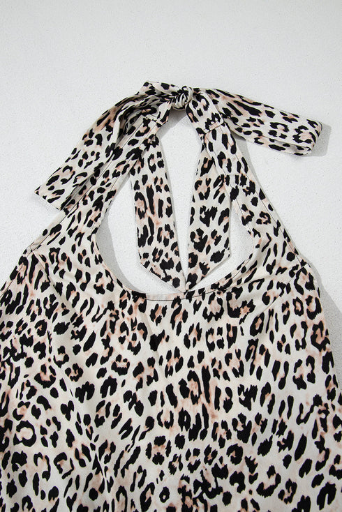 Sophisticated Leopard Printed Halter Neck Backless Ruffled Hem Maxi Dress