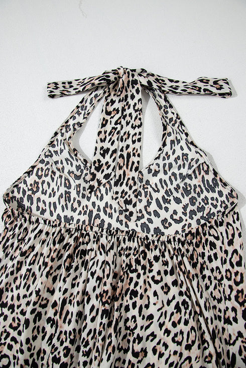 Sophisticated Leopard Printed Halter Neck Backless Ruffled Hem Maxi Dress