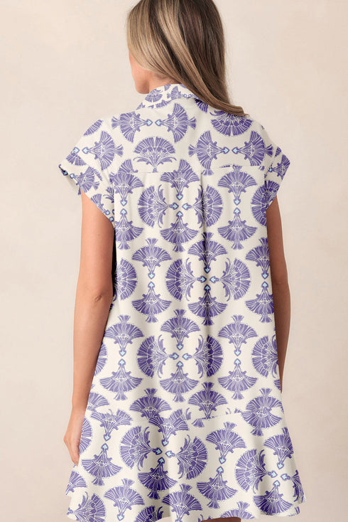 Sophisticated Medallion Print Collared Button Front A-Line Mini Shirt Dress