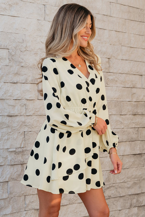 Sophisticated Polka Dot Printed Surplice V Neck Puff Sleeve Mini Dress