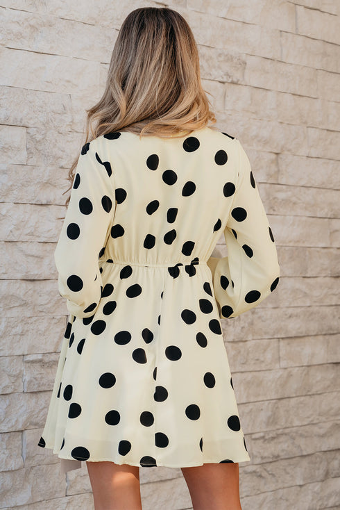 Sophisticated Polka Dot Printed Surplice V Neck Puff Sleeve Mini Dress
