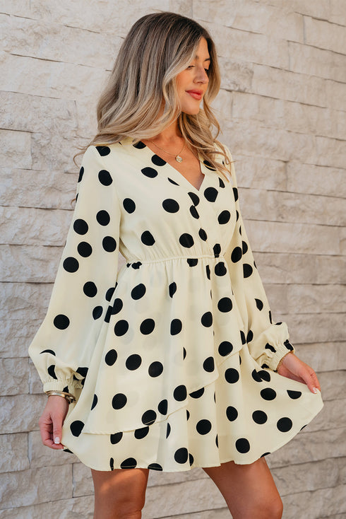 Sophisticated Polka Dot Printed Surplice V Neck Puff Sleeve Mini Dress