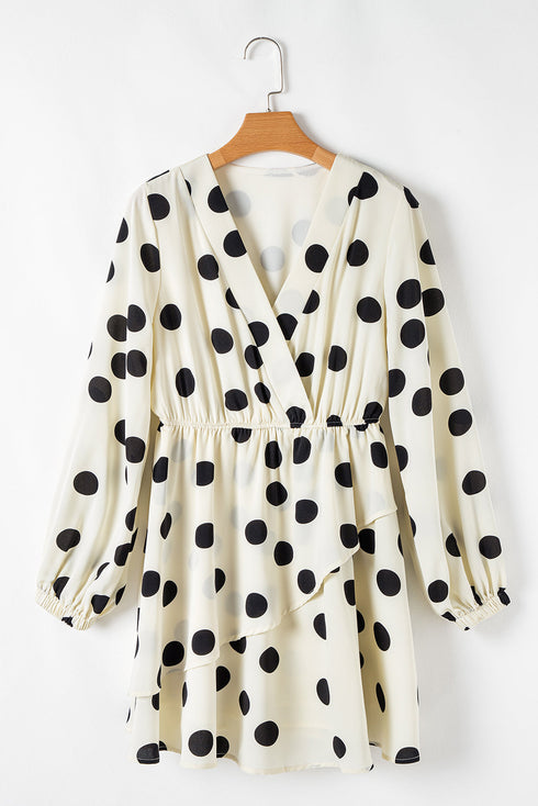 Sophisticated Polka Dot Printed Surplice V Neck Puff Sleeve Mini Dress