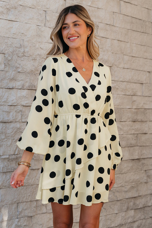 Sophisticated Polka Dot Printed Surplice V Neck Puff Sleeve Mini Dress