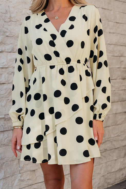 Sophisticated Polka Dot Printed Surplice V Neck Puff Sleeve Mini Dress