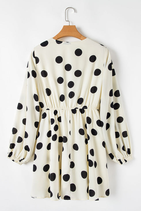 Sophisticated Polka Dot Printed Surplice V Neck Puff Sleeve Mini Dress