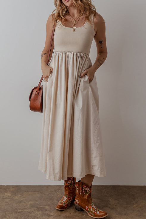 Sophisticated Scoop Neck Ribbed Bodice Pleated Sleeveless Long Dress