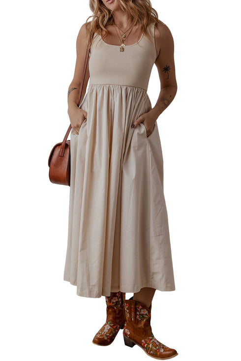 Sophisticated Scoop Neck Ribbed Bodice Pleated Sleeveless Long Dress