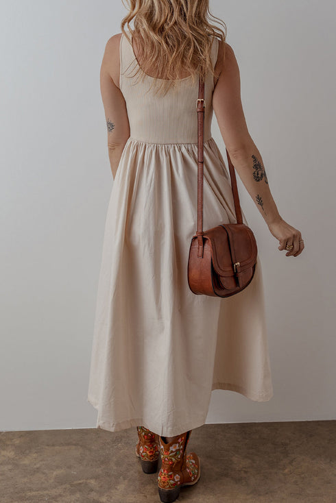 Sophisticated Scoop Neck Ribbed Bodice Pleated Sleeveless Long Dress