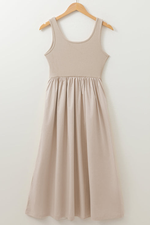 Sophisticated Scoop Neck Ribbed Bodice Pleated Sleeveless Long Dress