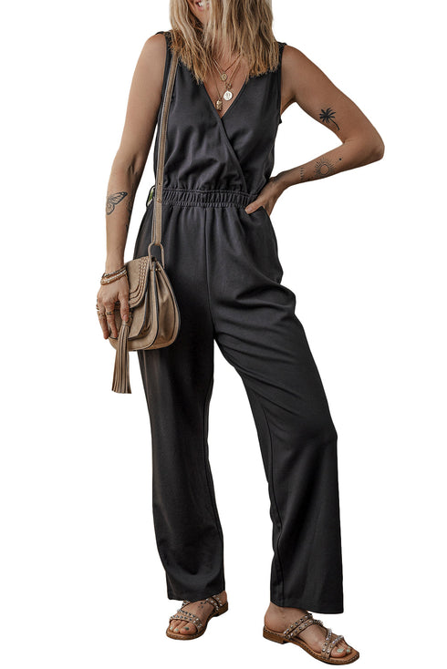 Sophisticated Sleeveless Wrap V Neck High Waist Wide Leg Jumpsuit