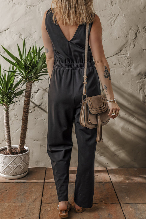 Sophisticated Sleeveless Wrap V Neck High Waist Wide Leg Jumpsuit