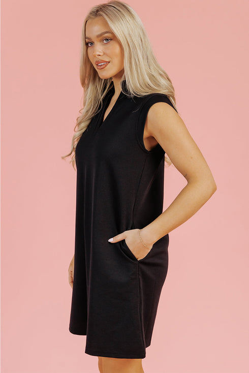 Sophisticated Solid Color Colla Slit Neck Sleeveless Mini Dress