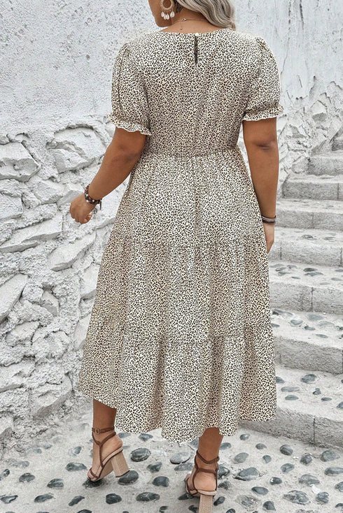 Sophisticated Spot Leopard Print Frill A Line Plus Midi Dress