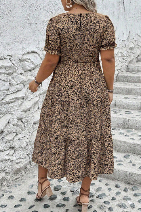 Sophisticated Spot Leopard Print Frill A Line Plus Midi Dress