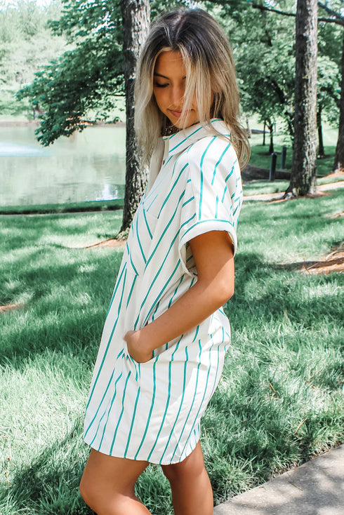 Sophisticated St Patricks Striped Wide Short Sleeve Shift Mini Shirt Dress