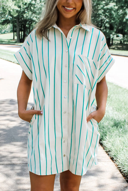 Sophisticated St Patricks Striped Wide Short Sleeve Shift Mini Shirt Dress