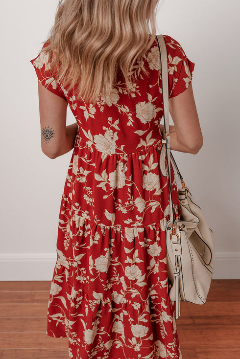 Southern Belle All Over Floral Print Tiered Midi Dress