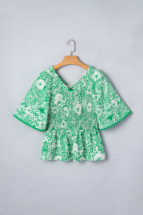 Southern Belle All Over Floral Smocked V Neck Blouse