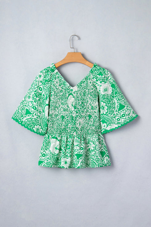Southern Belle All Over Floral Smocked V Neck Blouse