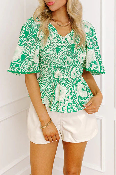 Southern Belle All Over Floral Smocked V Neck Blouse