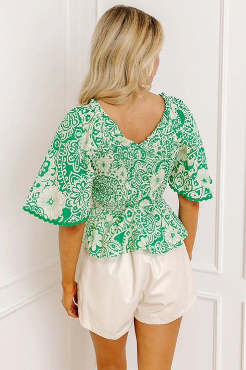 Southern Belle All Over Floral Smocked V Neck Blouse