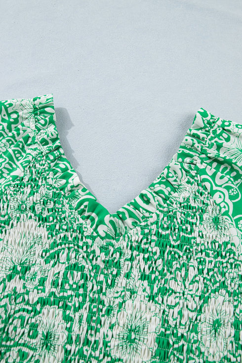 Southern Belle All Over Floral Smocked V Neck Blouse