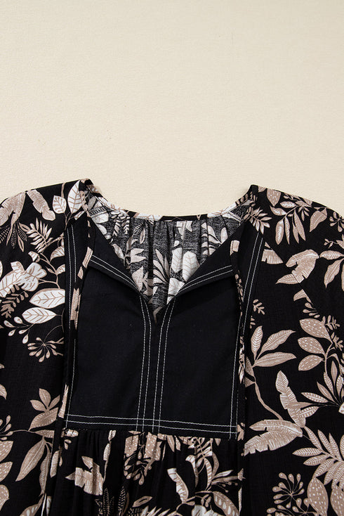 Southern Belle Botanical Print Split Neck Loose Mini Dress