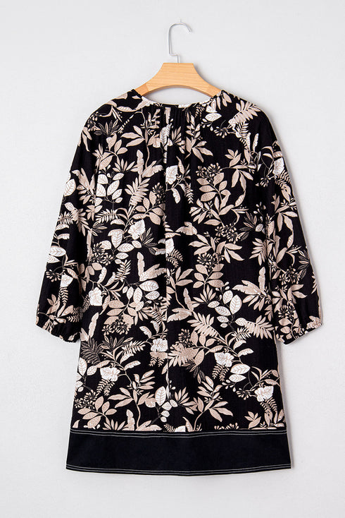 Southern Belle Botanical Print Split Neck Loose Mini Dress