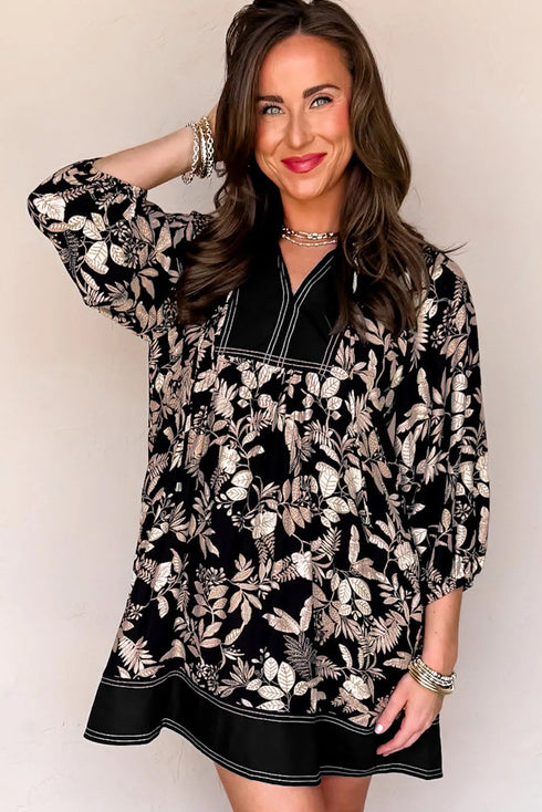 Southern Belle Botanical Print Split Neck Loose Mini Dress