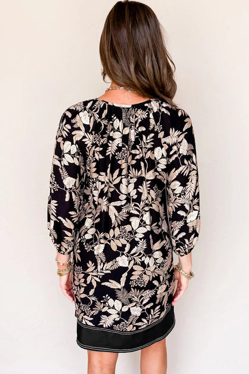 Southern Belle Botanical Print Split Neck Loose Mini Dress