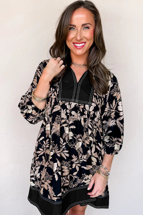 Southern Belle Botanical Print Split Neck Loose Mini Dress