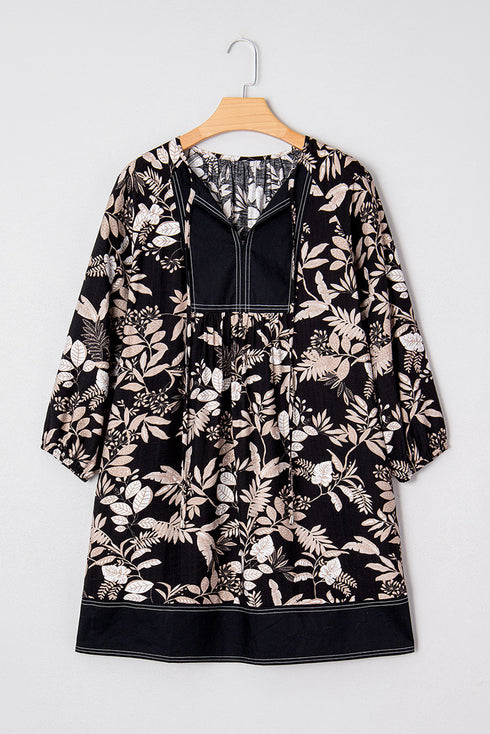 Southern Belle Botanical Print Split Neck Loose Mini Dress