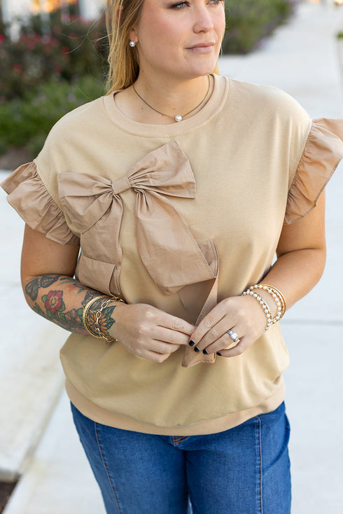 Southern Belle Bow Applique Ruffled Short Sleeve Blouse